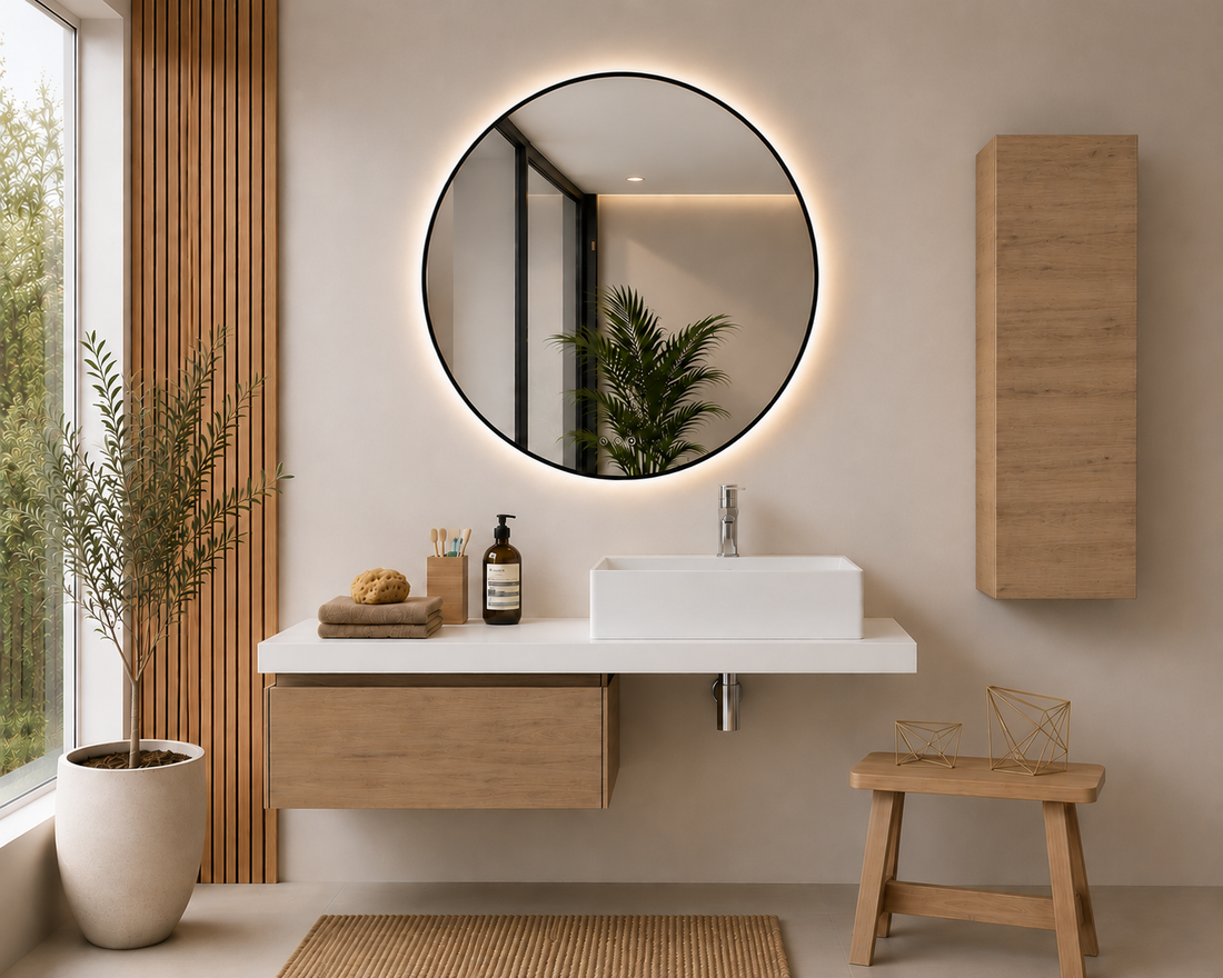 Badmöbel mit 60-cm-Modul in Steppenfarbe und 120-cm-Arbeitsplatte SICILIA