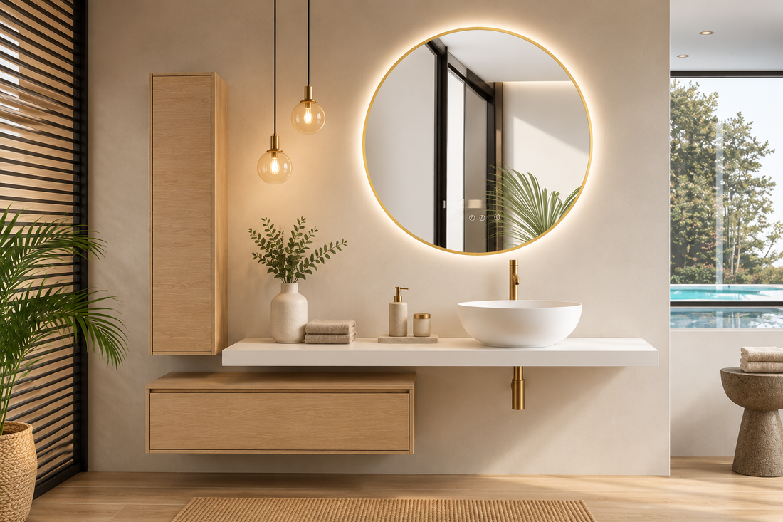 Badmöbel in der Farbe Estepa, bestehend aus 120-cm-Waschtischplatte + 60-cm-Modul + Hochschrank 120 × 35 + Aufsatzwaschbecken MALLORCA