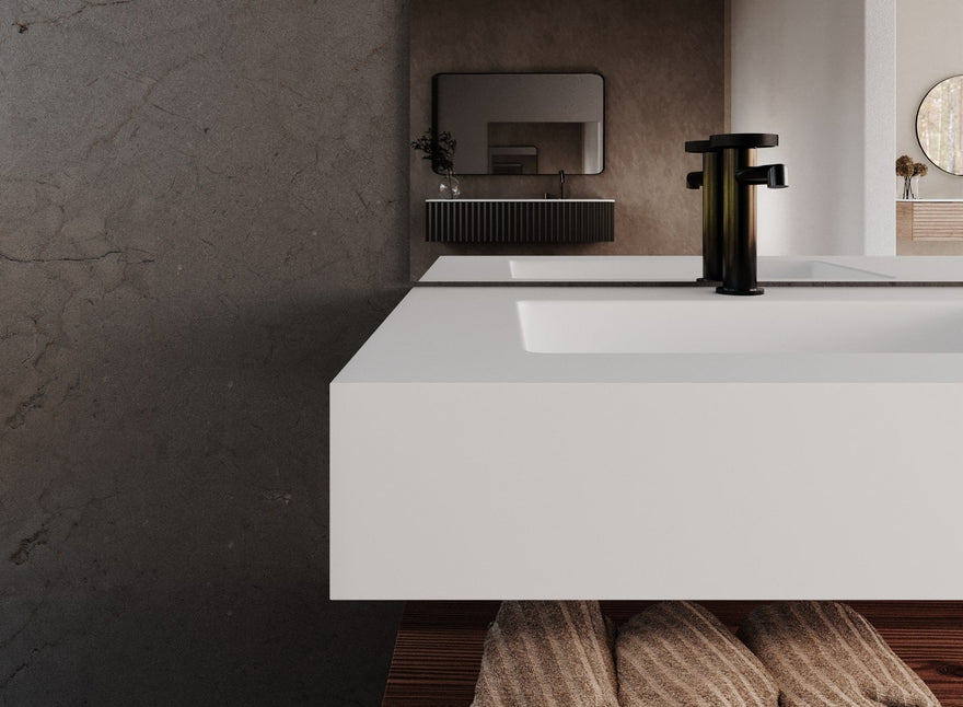 LEX Solid Surface Waschtischplatte mit 1 Unterbaubecken, Frontblende bis 12 cm